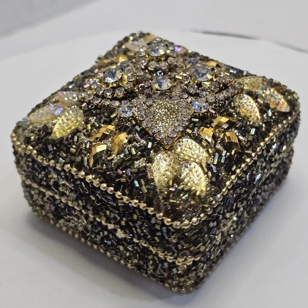 BOHO Gold & Colored Beads - Beaded Metal Trinket Box Small Vintage ** READ **